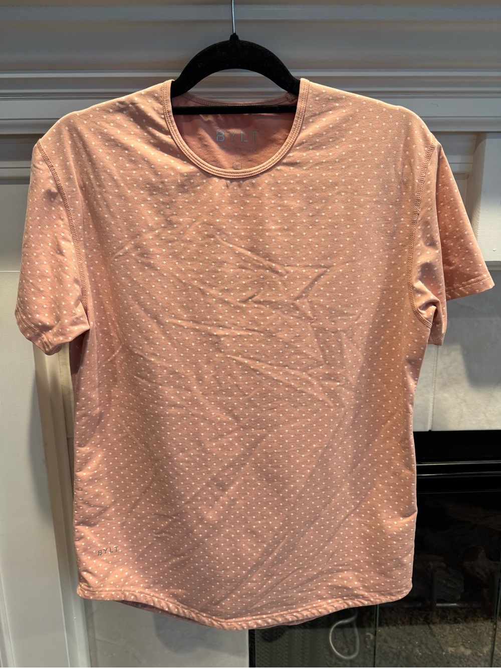 BYLT Basics Men’s Drop Cut Short Sleeve Tee. Salmon with white dots.